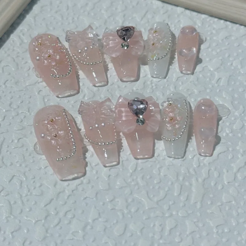 Uñas postizas decoradas con lazo 3d rosa, hechas a mano, con diseño de ataúd, juego completo de lujo con caja y herramientas