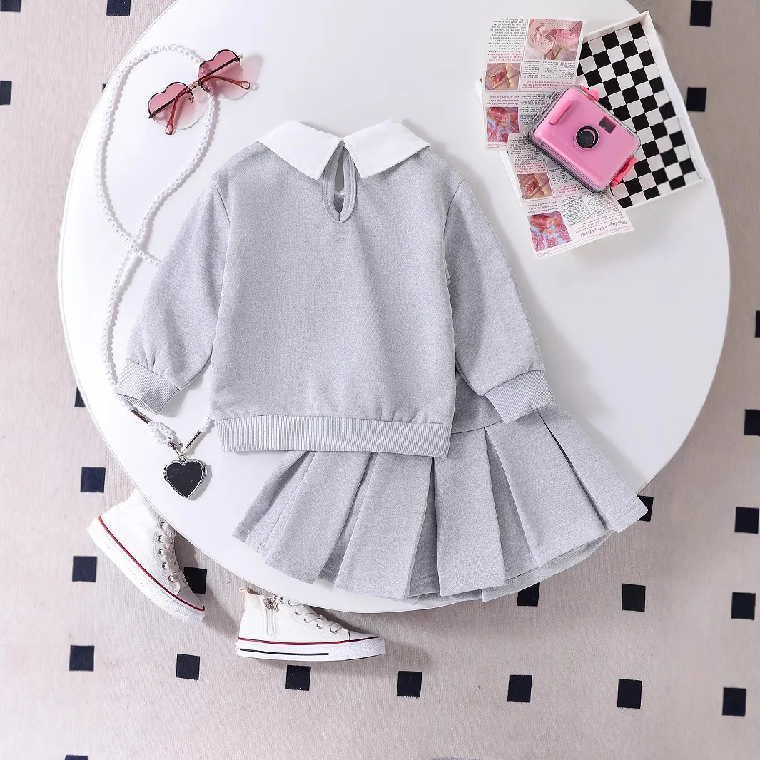

Black Alphanumeric Print Gray Long Sleeve Sweatshirt Gray Pleated Skirt Kids Two-piece Set New Fashion Children Kit Girls' Suit