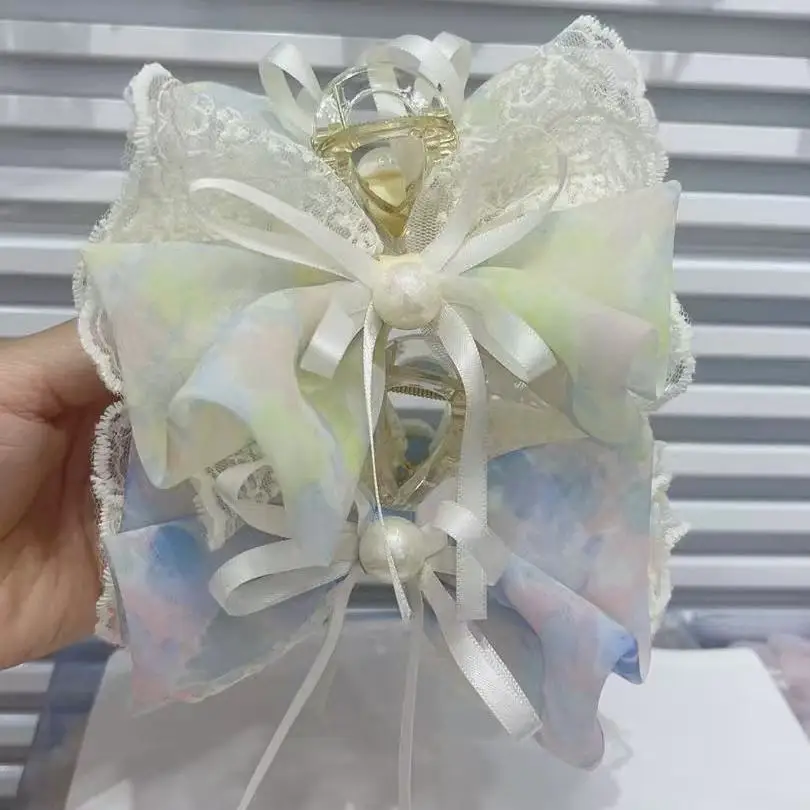 

New Blue Lace Bow Hair Claw Clip Korean French Elegant Hair Claws for Women Wedding Bridal Shower Party Gift
