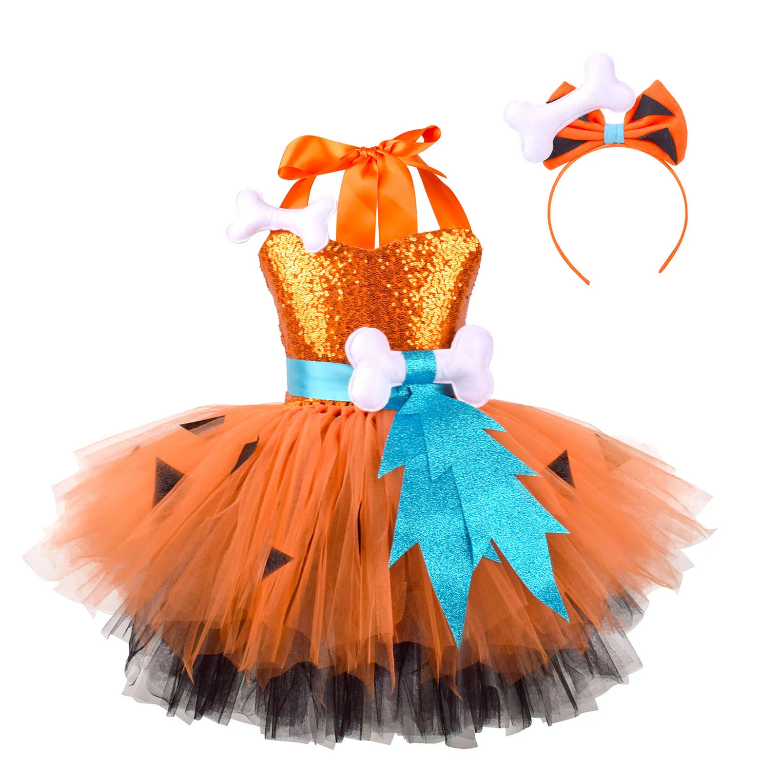 الفتيات يتوهم Cavegirl زي الترتر فستان الرسن الرقبة ثلاثية الأبعاد العظام منتفخ تنورة مجموعة أغطية الرأس لحفلة الهالوين كرنفال تأثيري