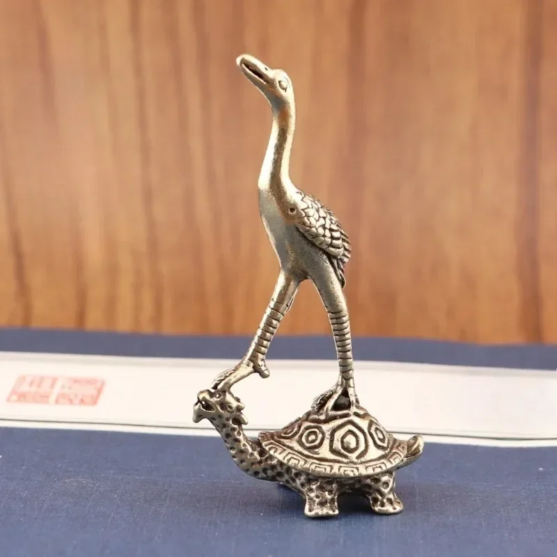 Mini Brass Crane on Turtle Figurine, Vintage Animal Statue, Chinese Style Sculpture Desktop Tea Pet Home Decor Ornament