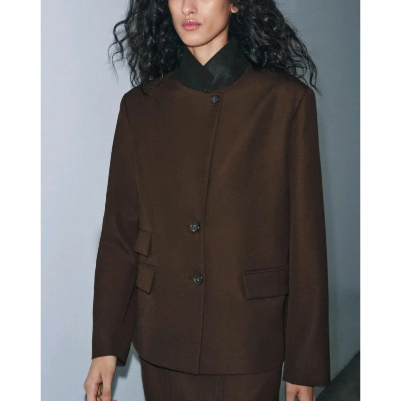 High Collar Long Sve ket Decorated Suit Jaet mid Waist Slit Design Wide Pleated Skirt Faionable Two-Piece Set for W...