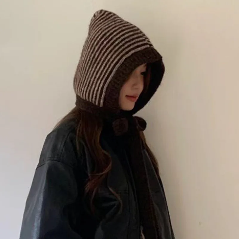 Neue japanische Wollmischung, gestreifte Strickmütze mit Schnürung, zum Schutz der Ohren, ideal für den Winter, zum Schutz des Nackens im Freien, warme Bombermütze. – Detail 1