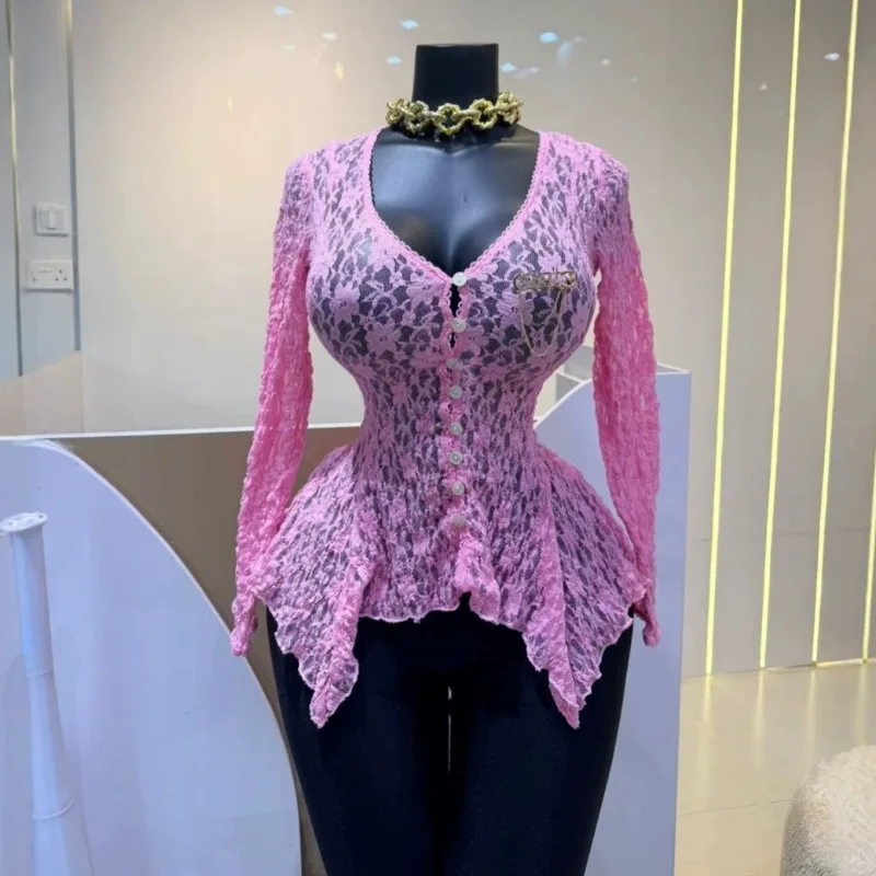 Herbst Damen Sexy Spitzenbluse mit V-Ausschnitt, Einreihig, Unregelmäßiger Peplum-Saum, Langarm, Transparentes Mesh, Figurbetontes Club-Party-Oberteil