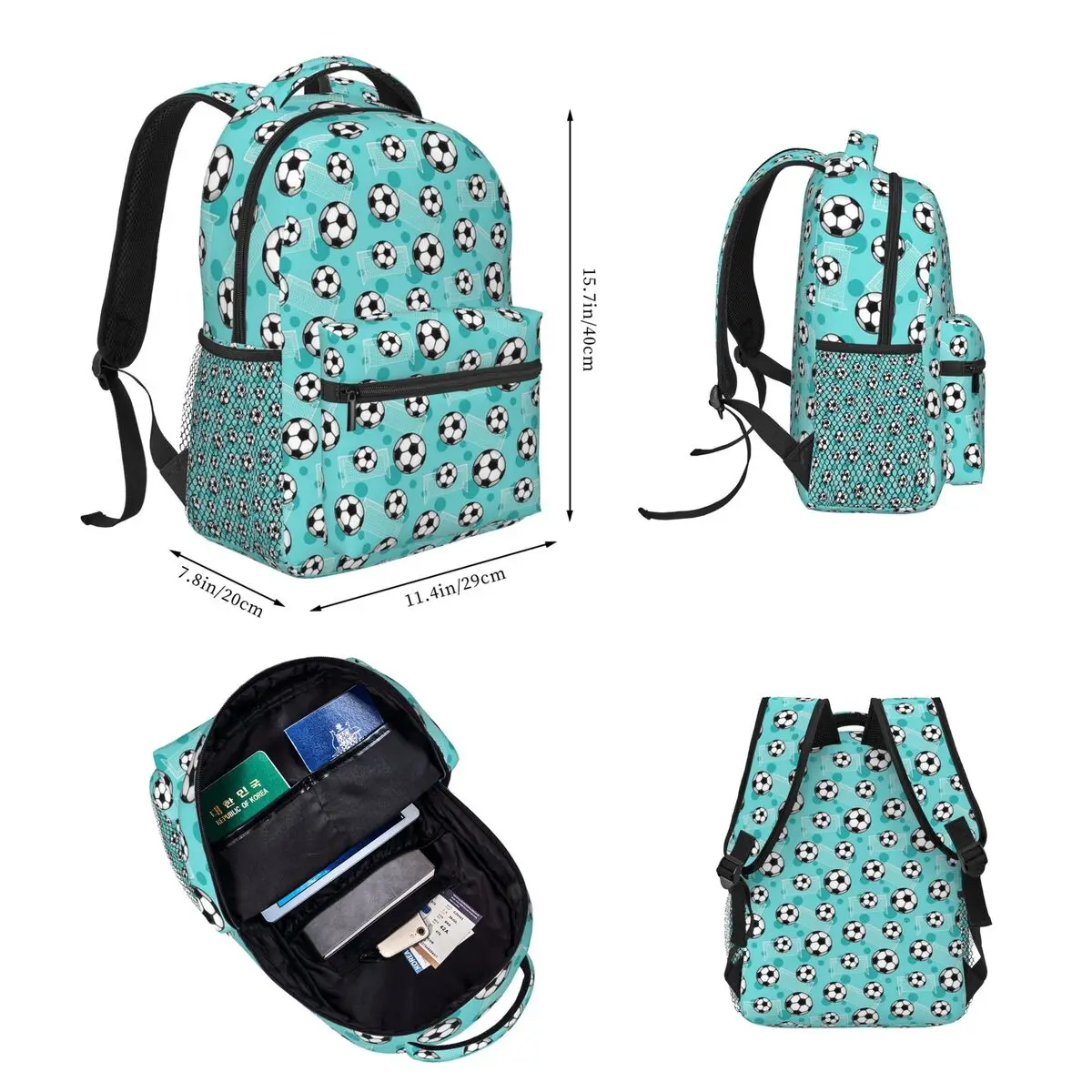 Soccer Ball And Goal Teal Pattern - Teal Soccer Backpacks Bookbag Children School Bag Rucksack Lunch Bag Pen Bag Three-Piece Set