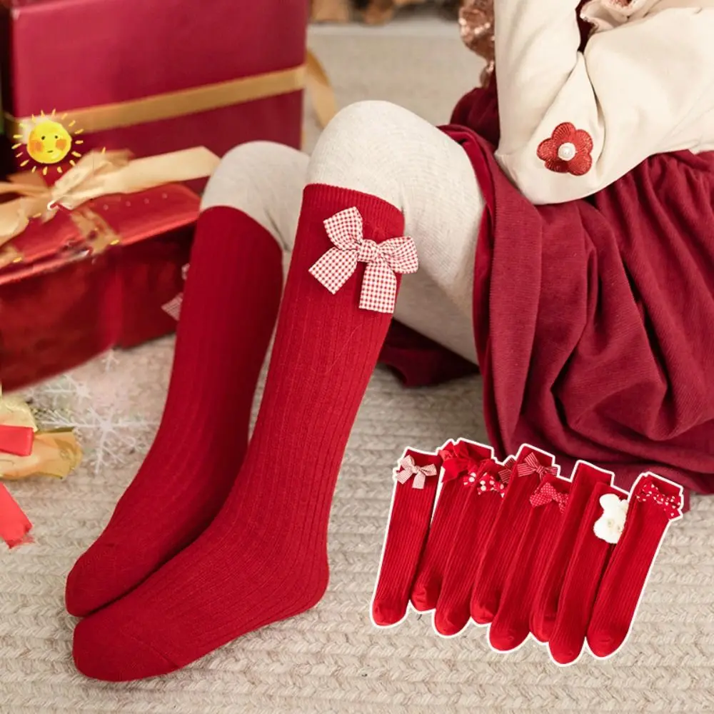 Cute Cotton Girls' Long Socks Stretch Red Children's Semi-High Socking Bow Ribbon Mid-Length Socken New Year