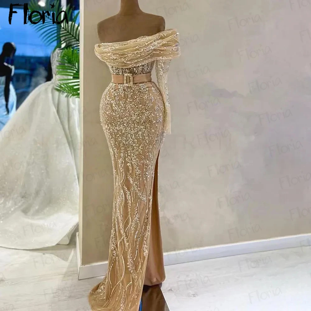 Dubai Champagne Party Dinner Dress Off Shouldler Slit Full Beading Long Evening Dresses With Belt Customized Luxury Wedding Robe