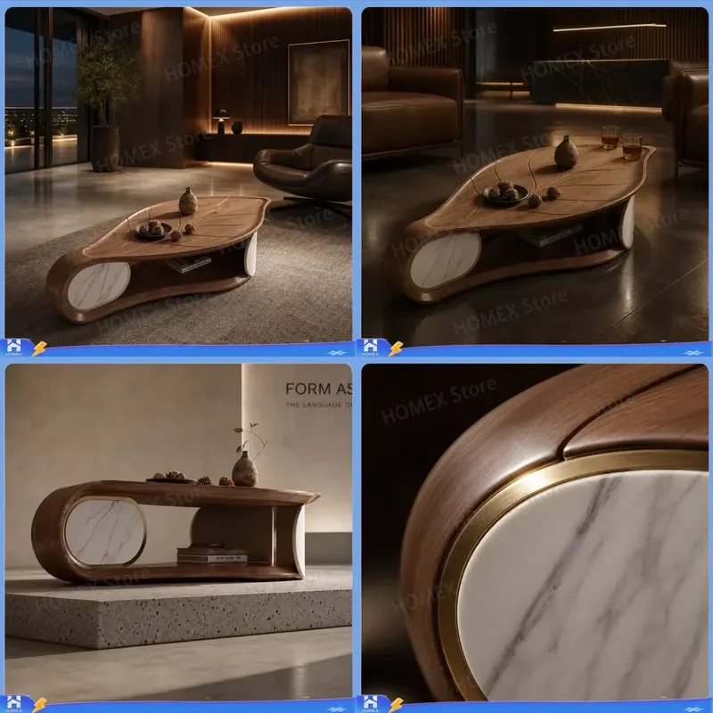 Italian Minimalist Curved Walnut Coffee Table Luxury Leaf Shaped Cocktail Table with Marble Decoration for Living Room Hotel