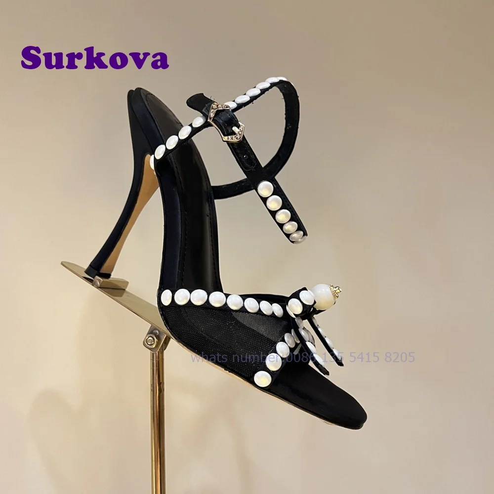 Satin Sandals with Pearl Application Buckle Ankle Strap Slingback Thin Heels Women's Sandals Black Bows Open Toe Luxury Shoes