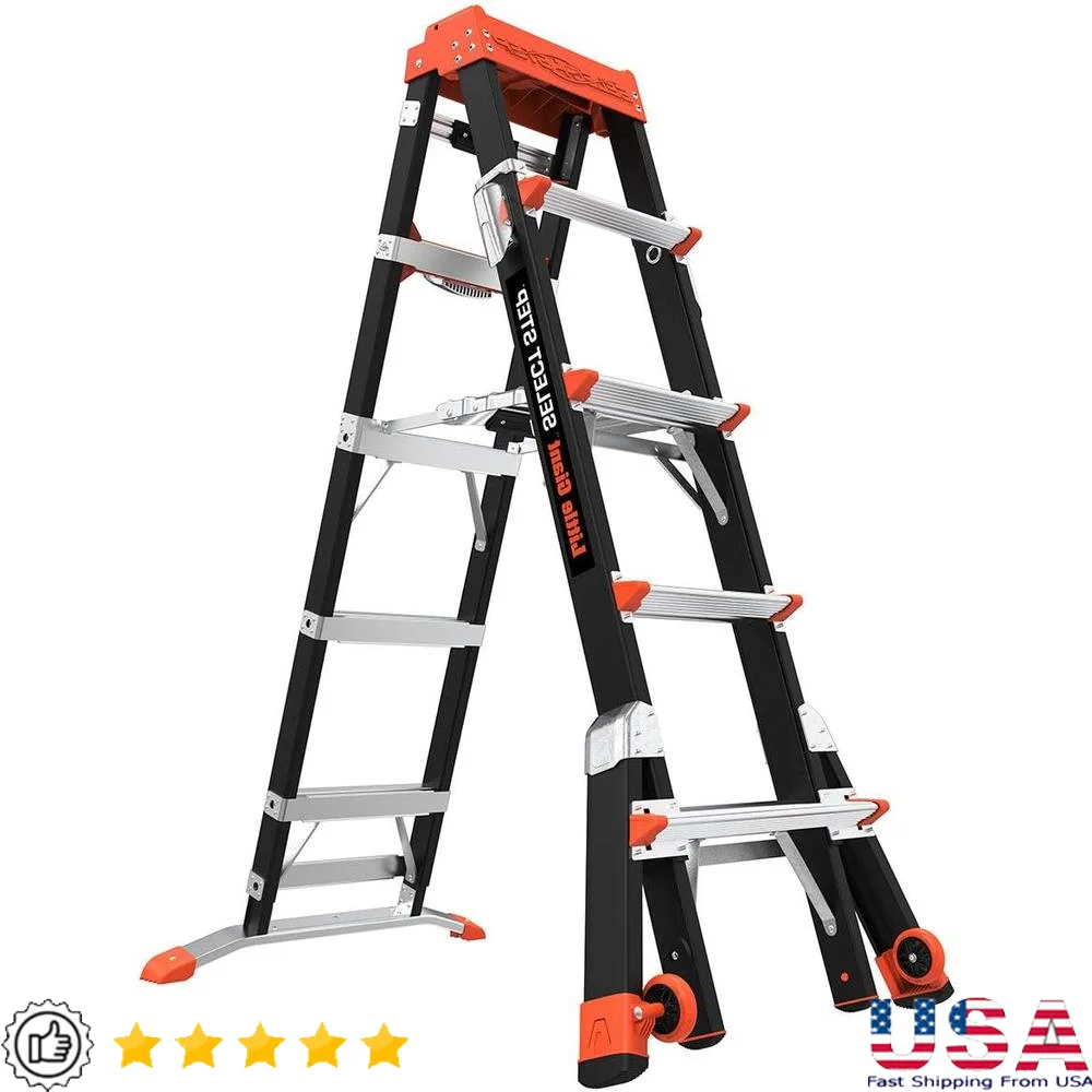

Fiberglass Multi-Position Stepladder 5-8ft 375lbs Weight Capacity Telescopic Heavy Duty Tip and Glide Wheels Safe Near Electric