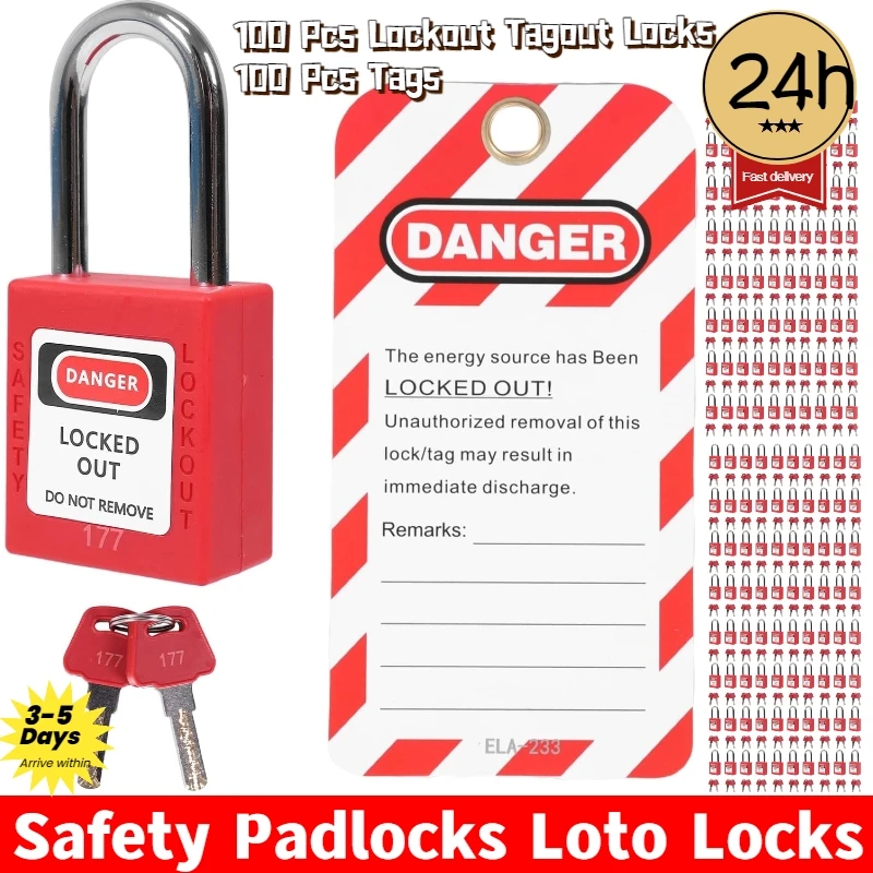 

Safety Padlock, Loto Locks Keyed Differently Lock Out Tag Out 100 pcs Safety Padlocks Plastic with 100 Lockout TagOut Tags Red