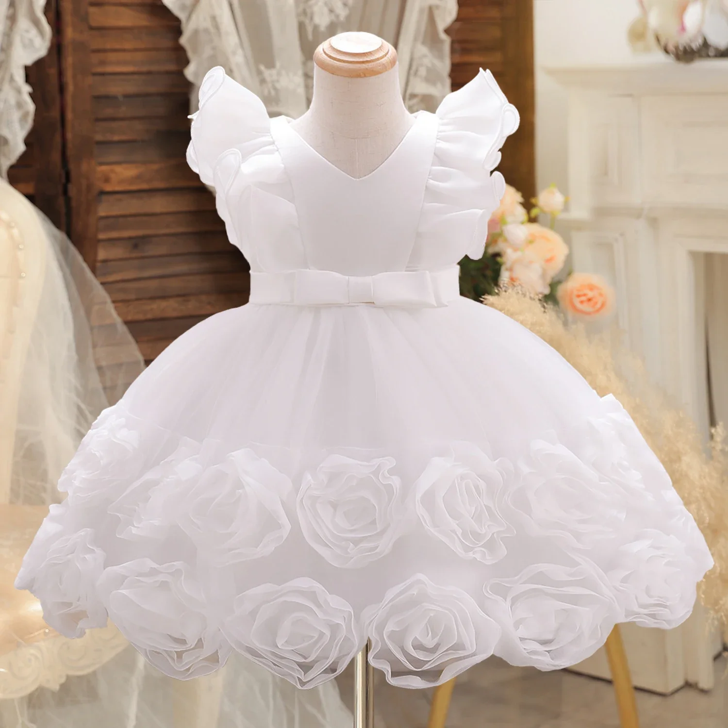 Baby Girl Christening Gown Newborn Dress White Baptism Dress First Birthday Outfits for Kids Pink Flower Princess Dress for 1-5Y