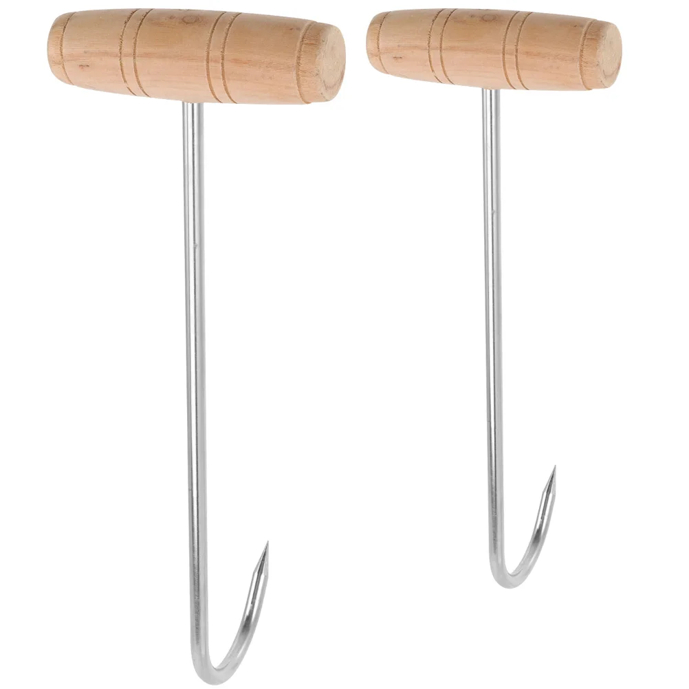 

2Pcs T-handle Hooks Wooden Handle Stainless Steel Butcher for Hanging Kitchen Strainer MeatProcessing Equipment