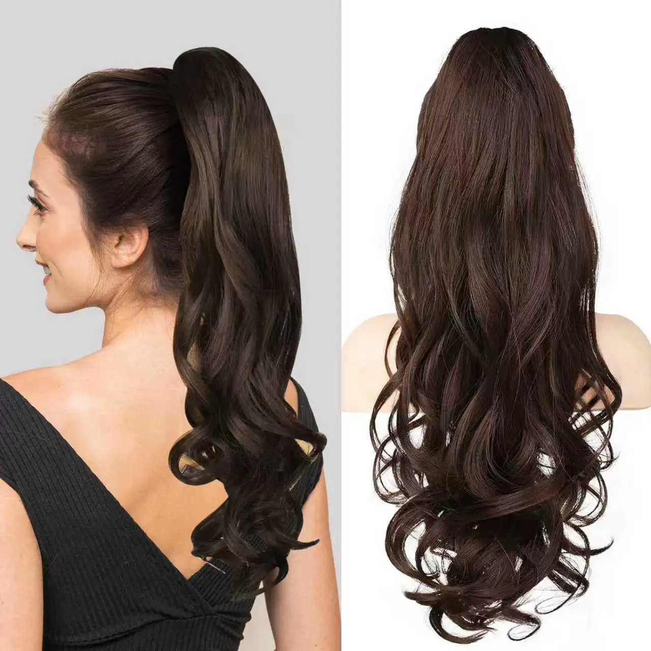 Long Wavy Ponytail Extension with Elastic Band, Synthetic Curly Wrap Around Ponytail Hairpiece, Women DailyParty HairAccessories