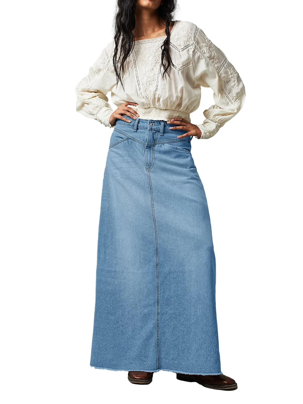 Vintage A-Line Denim Skirt For Women Casual High Waist Frayed Hem Jean Long Skirts With Pockets Fashion Streetwear Y2k Clothes