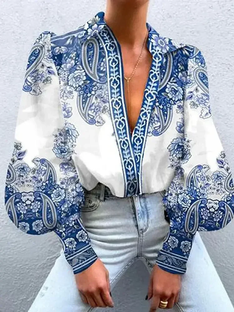 UOOZEE Vintage Blue Floral Printed Lapel Shirts For Women 2025 New Spring Summer Long Puff Sleeves Urban Casual Elegant Blouse