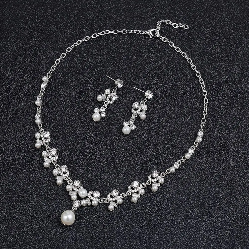 Legierung Strass Blume Jahrestag Geschenk Perle Baumeln Ohrringe Wasser Tropfen Ohrringe Frauen Halskette Braut Hochzeit Schmuck Set