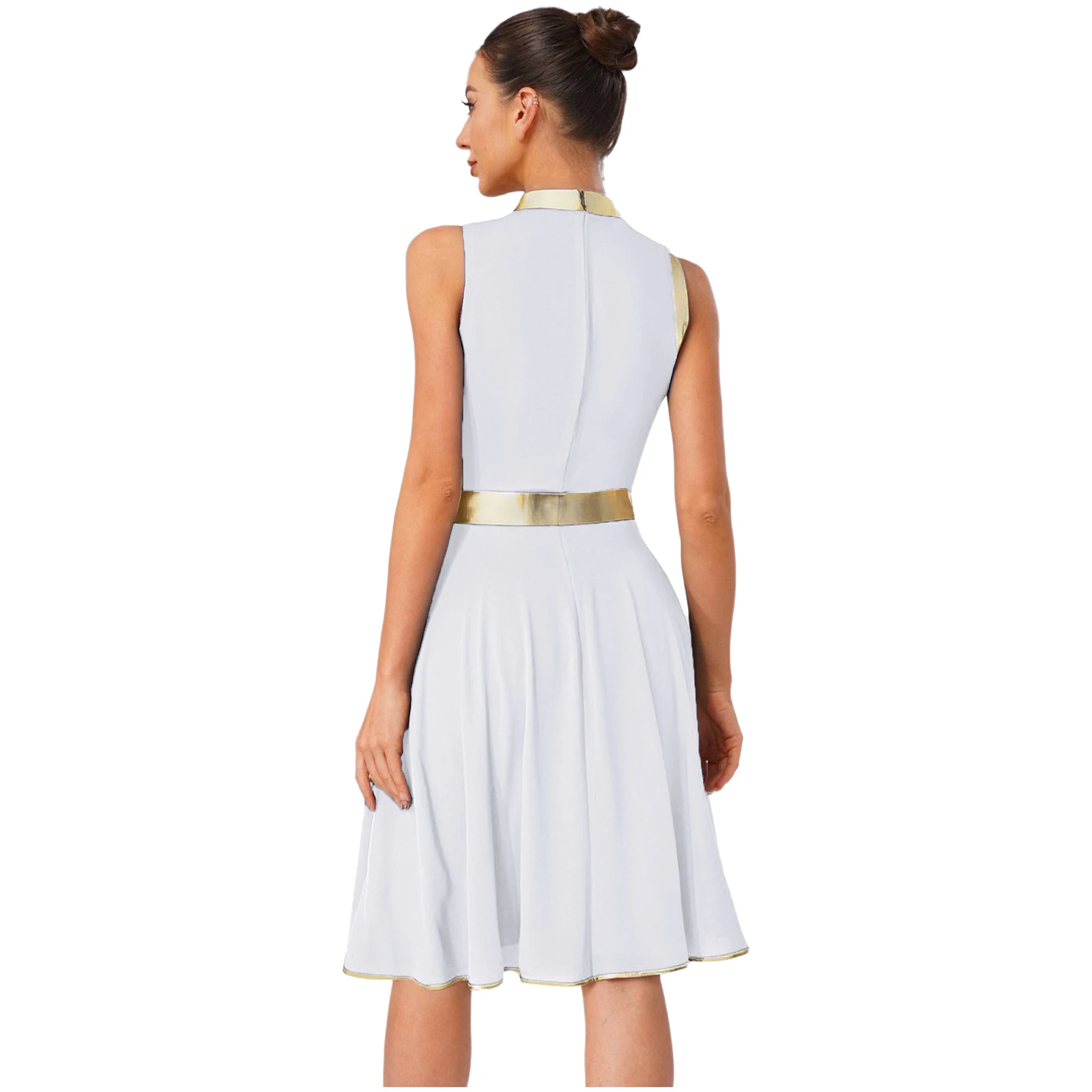 Damska Sukienka do Tańca Lirycznego, Tańca Pochwałowego, Nowoczesnego, Metaliczna Sukienka Tunika Bez Rękawów z Naszywkami, Kostium do Tańca Liturgicznego i Wyznawczego