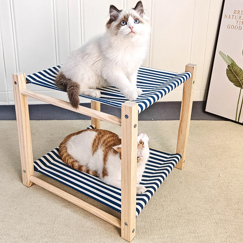 Lit-hamac pour chat, structure en bois enrichi, 17.0 pouces × 17.0 pouces, 2 couches, respirant, perfectionné, lavable, anti-humidité