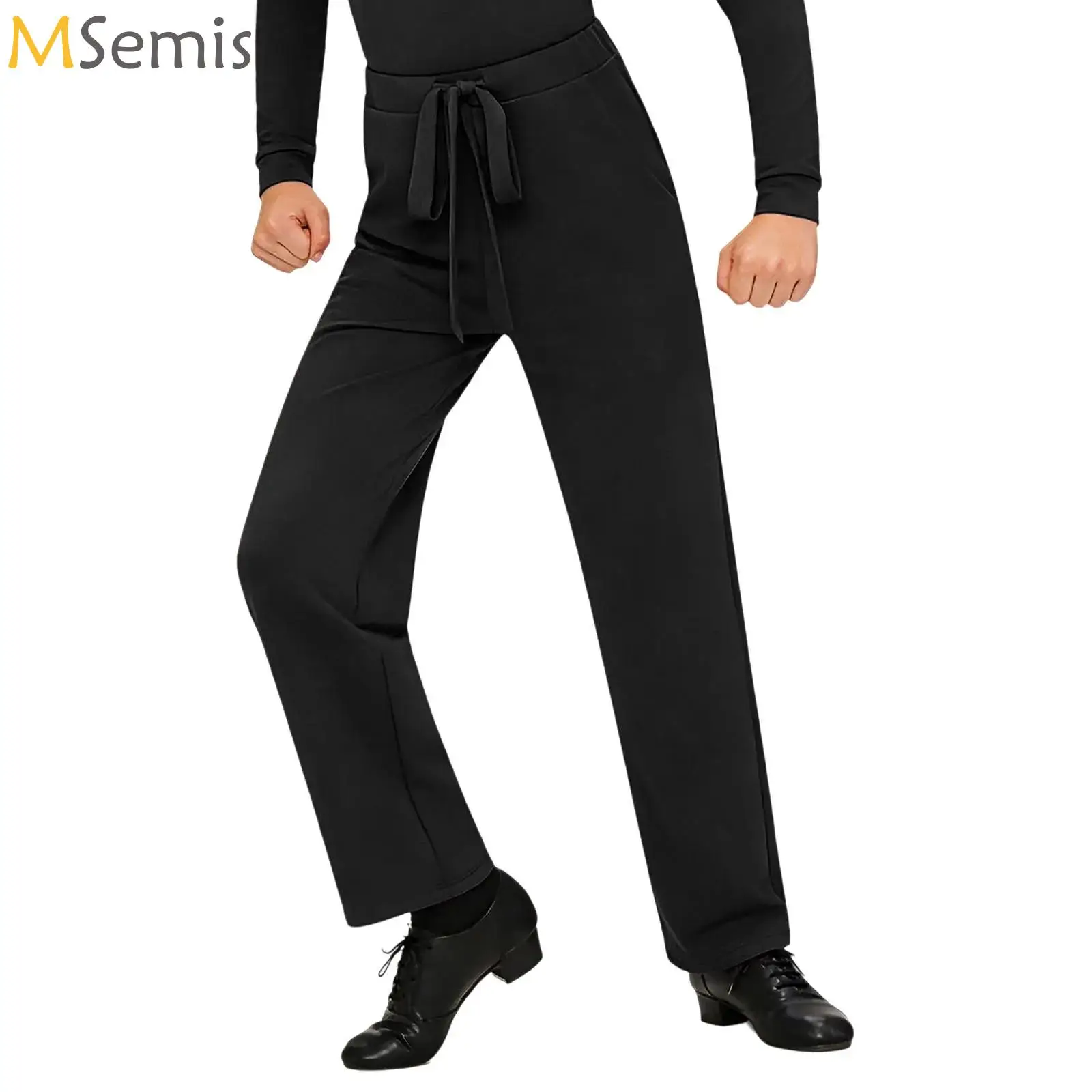 

Black Boys Latin Modern Ballroom Performance Dance Pants Drawstring Elastic Waistband Trousers for Dancing Practice Competition