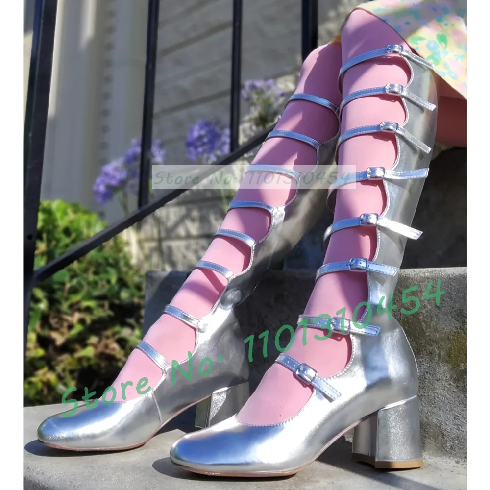 Cutout Knee High Boots With Multi Front Buckle Women Fashion Round Toe Block Heels Boots Outfit Street Style Large Size Shoes