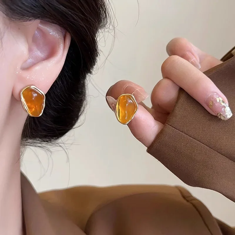 Maillard French Amber Color Irregular Geometric Stones Stud Earrings for Women Simple Unique Girl Jewelry Christmas Gift