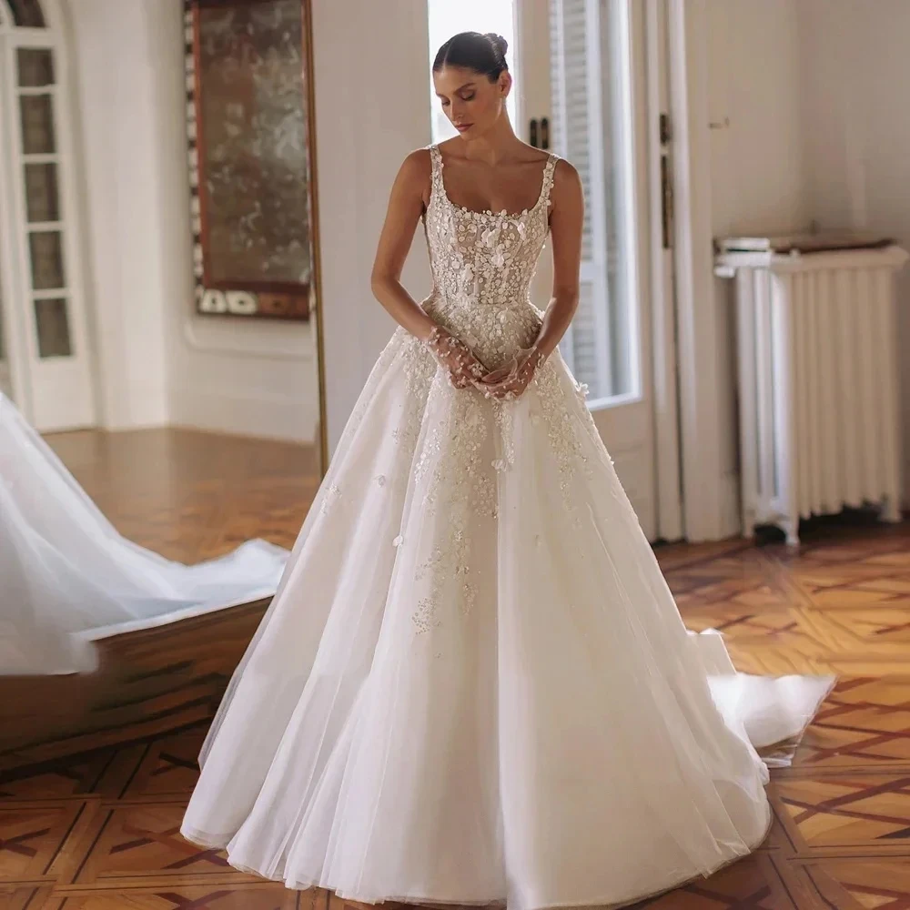 

2025 Elegant A Line Wedding Dress Spaghetti Straps Square Neck 3d Flowers Lace Sequins Princess Bridal Gowns Vestidos De Noiva