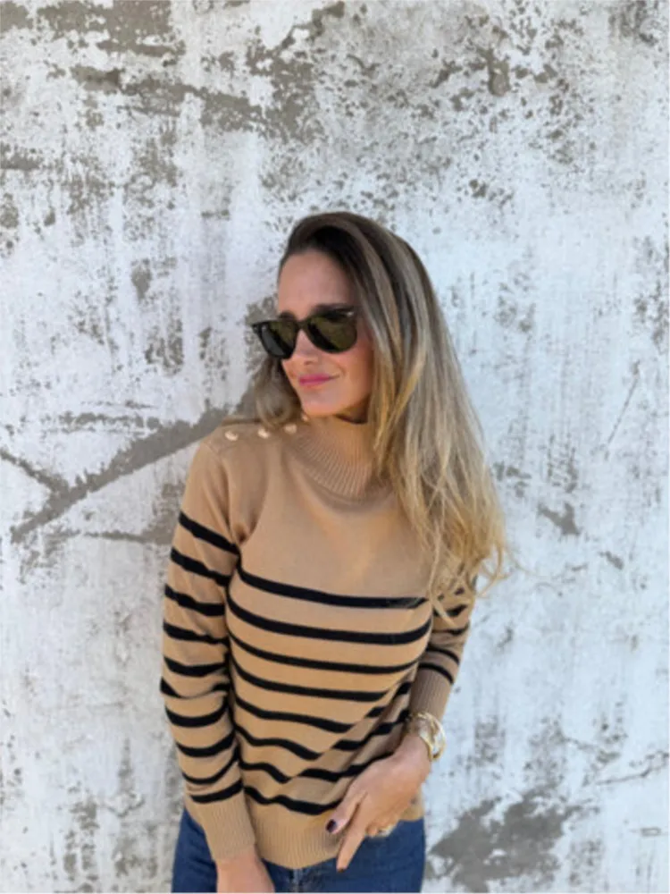Autumn Winter New Knitted Striped Loose Sweater Women's High Collar Overhead Shoulder Button Sweater Female Fashion Pullover