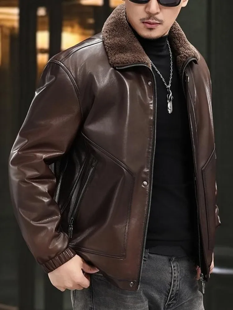 أزياء الترفيه جلد طبيعي الصوف طوق طويلة الأكمام أسفل معطف سليم سستة جيب دافئ الذكور جلد الغنم اليدوية ملابس خارجية