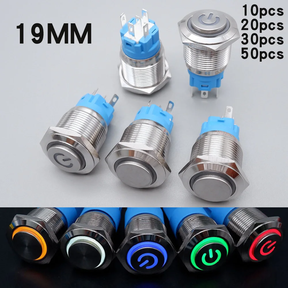 

19MM Metal Push Button Switch High Head 1NO1NC LED Light Waterproof Illuminated Metal Latching Momentary 5V 12V 220V Red Blue