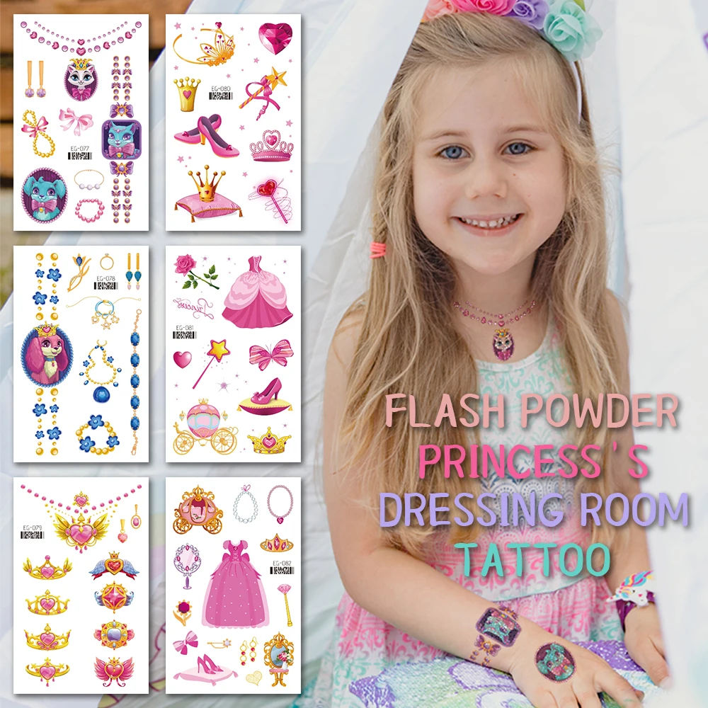 Cute Cartoon Glitter Princess Jewelry Waterproof Temporary Tattoos Stickers For Kids Girl Children Water Transfer Fake Tattoo