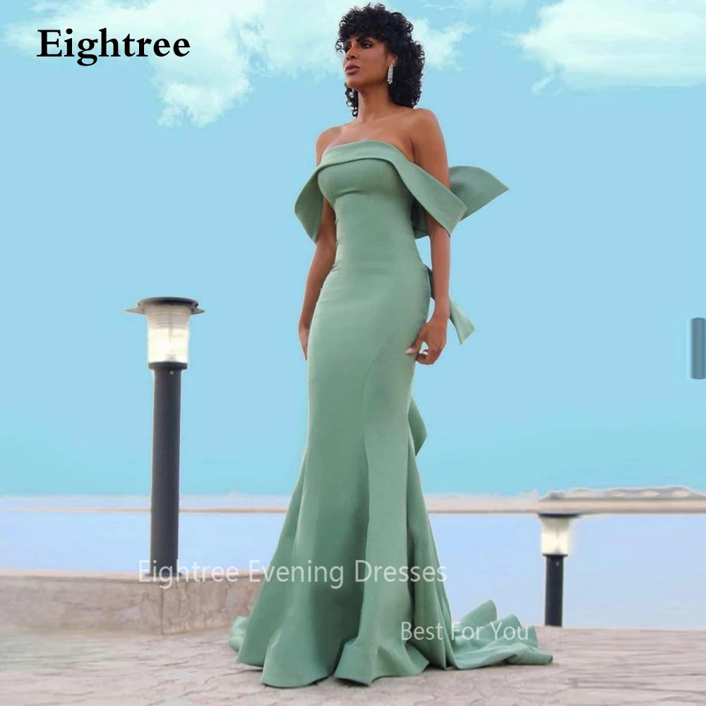 

Eightree Elegant Green Mermaid Evening Dresses Long Off Shoulder Formal Event Gowns Satin Big Bow Sexy Prom Party Dress Backless