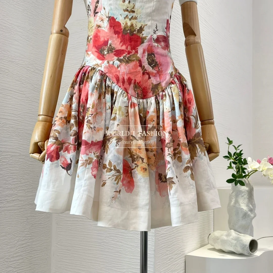 Summer New Sleeveless White A-line Cut Out Floral Print Pleats Women Mini Dress
