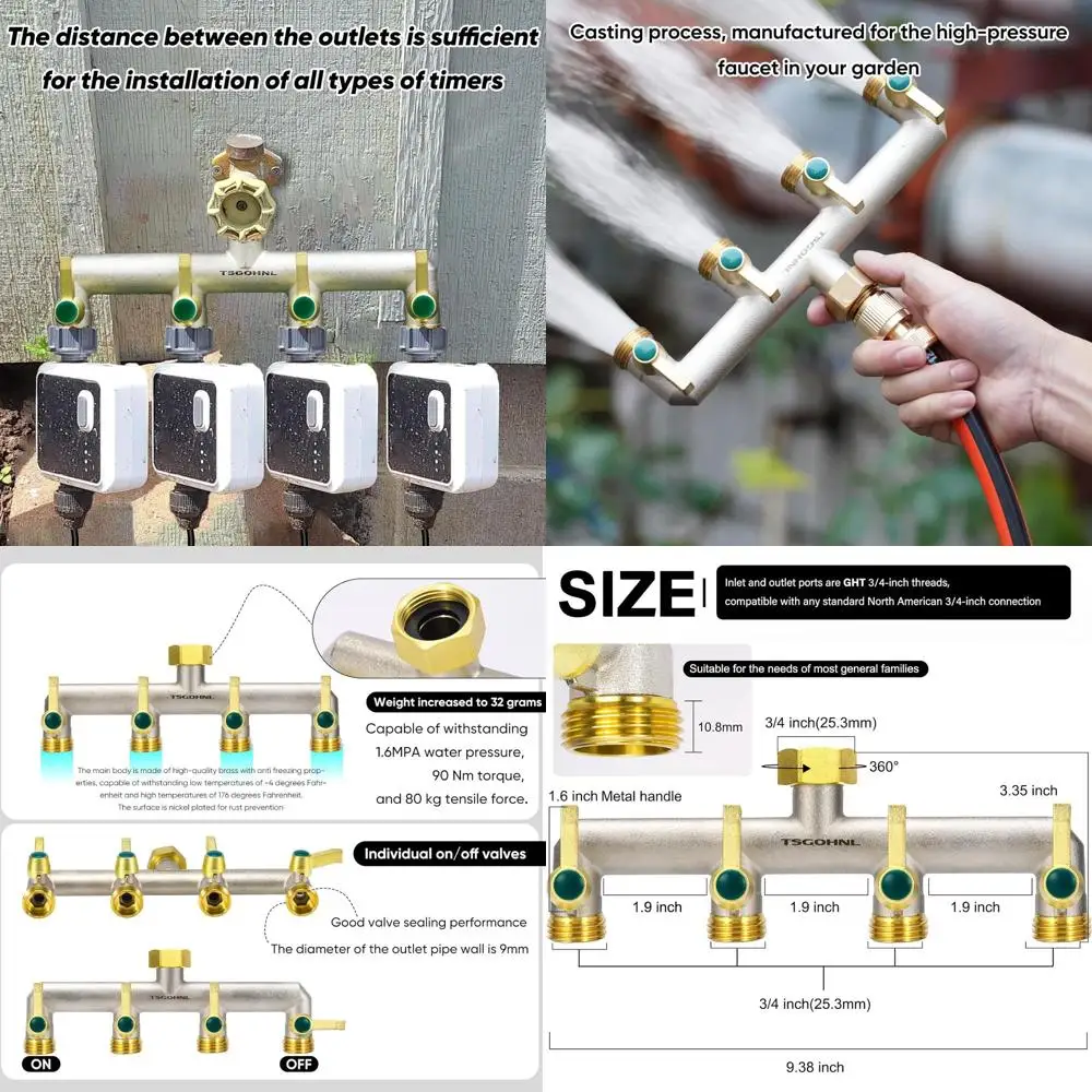 

4-Way Brass Hose Splitter with Metal Handles, Heavy Duty Nickel Plated, 3/4-Inch GHT Hex Female Inlet & Male Outlet