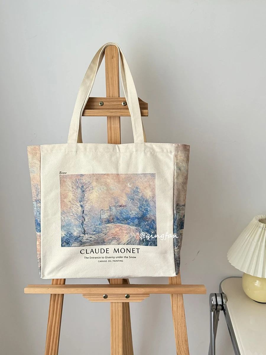

Light Sail Monet "The Entrance of Giverny under the Snow" Oil Painting Canvas Bag Commuter Bag School Bag Handheld Shoulder
