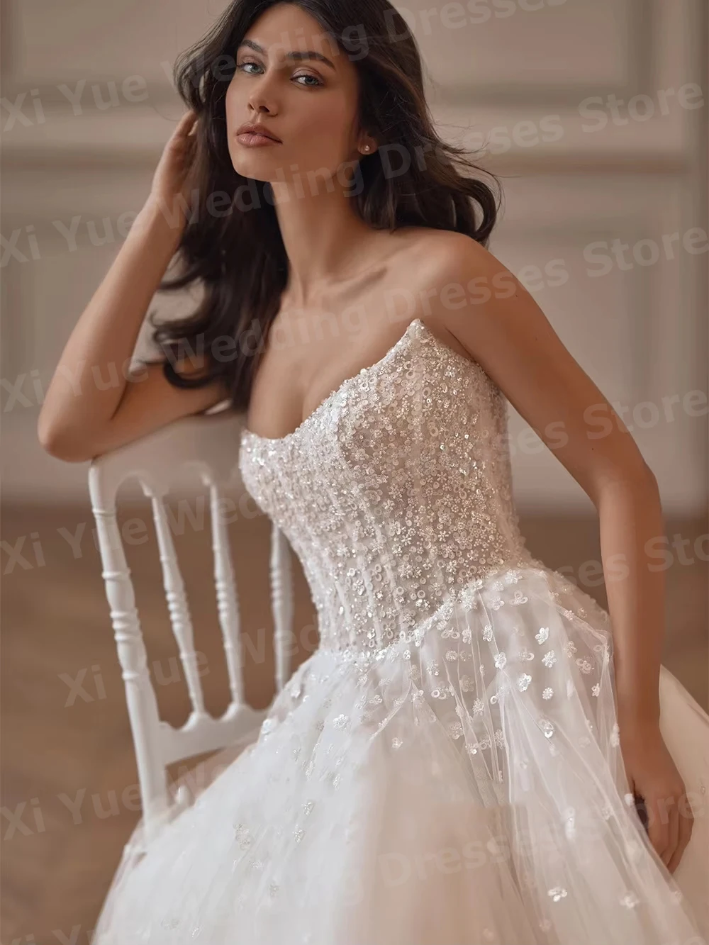 Gorgeous A Line Women's Sexy Strapless Lace Puff Sleeve Wedding Dresses Vestido De Novia Bride Gowns Customized Robe De Mariée