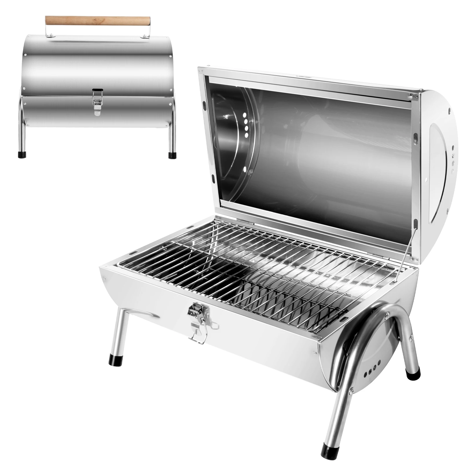 Edelstahl Klappgrill Holzkohlegrill, BBQ Grill Doppel Grillfläche 34x21.5 cm, Tischgrill