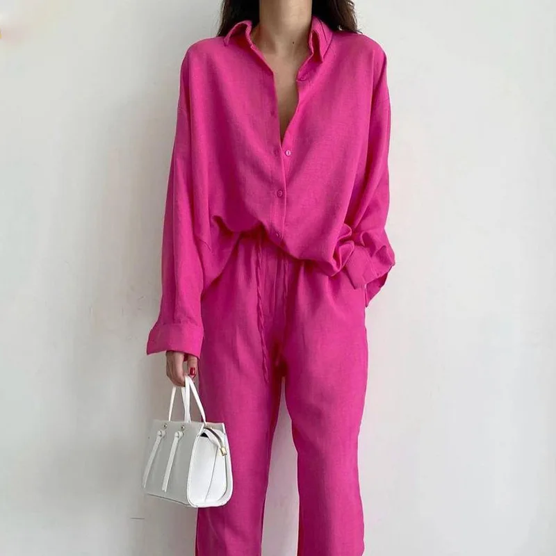 2023 Spring Summer Solid Two Pieces Set Women Loose Shirt Pants Trousers Drawstring High Waist Casual Women\' Set Lounge Pajamas