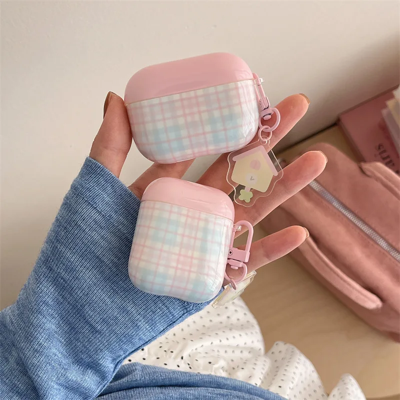 

Pink Blue PInk Grid Pattern Earphone Case Cover for AirPods 1 or 2 3 4 AirPods Pro Pro 2 Headphone Cover With Cute Pendant
