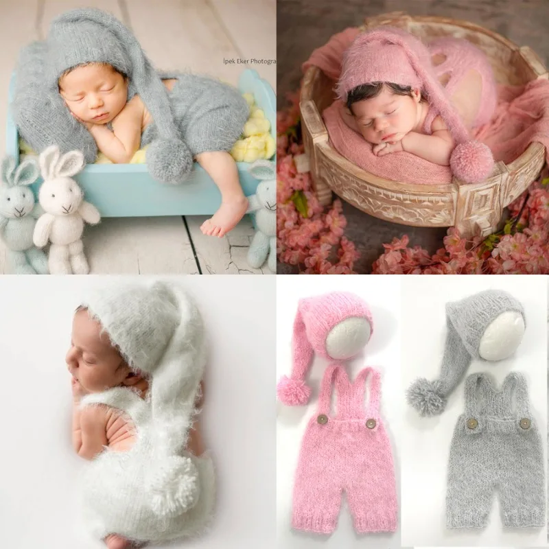 Newborn Photography Baby Costume Wool Mohair Romper Jumpsuit Overalls Crochet Hat Baby Boy Girl Newborn Photography Clothing