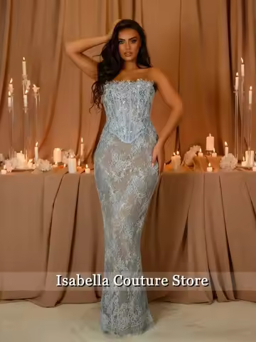 Shiny Blue Lace Nude Elegant Party Dresses Strapless Wedding Dress Party Gown Evening Dress فساتين سهرات Customized