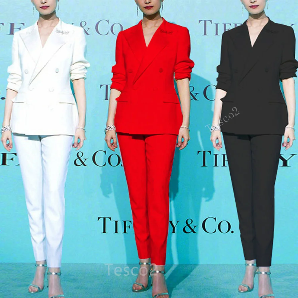 

Tesco Red Blazer Pants for Women Elegant Double Breasted Jacket Formal Women's Suit Sets Evening Or Wedding Party Pantsuit 2PCS