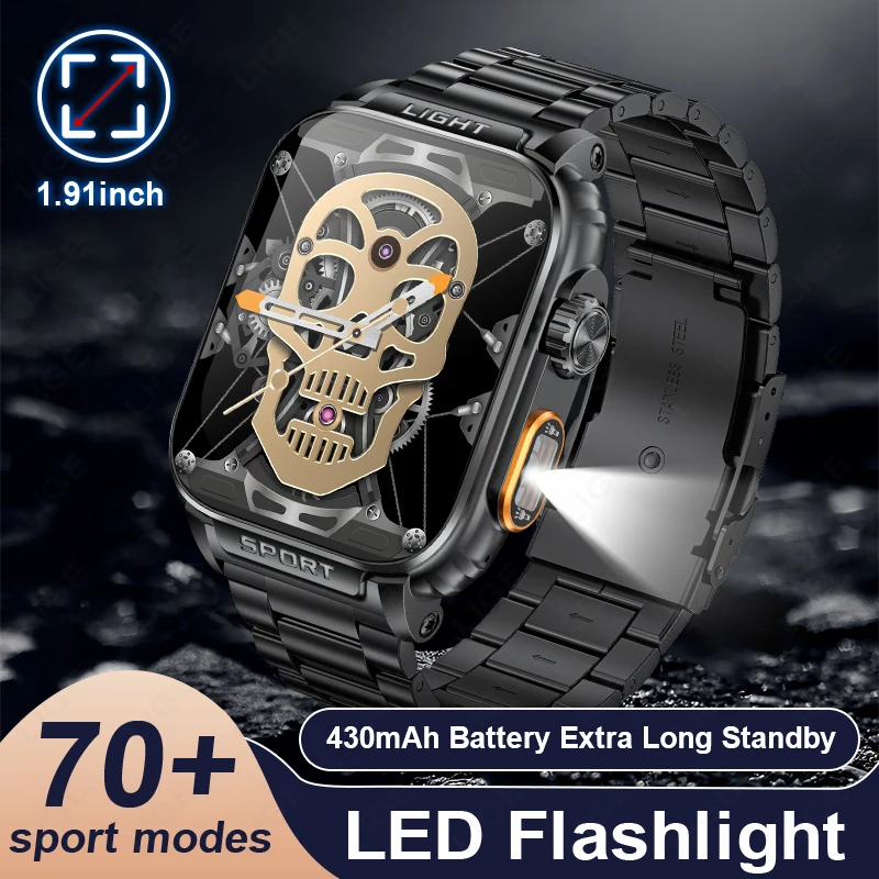 LIGE 스마트 시계 LED 손전등 혈압 건강 모니터 블루투스 통화 430mAh 배터리 스포츠 피트니스 야외 남성용 Smartwatch