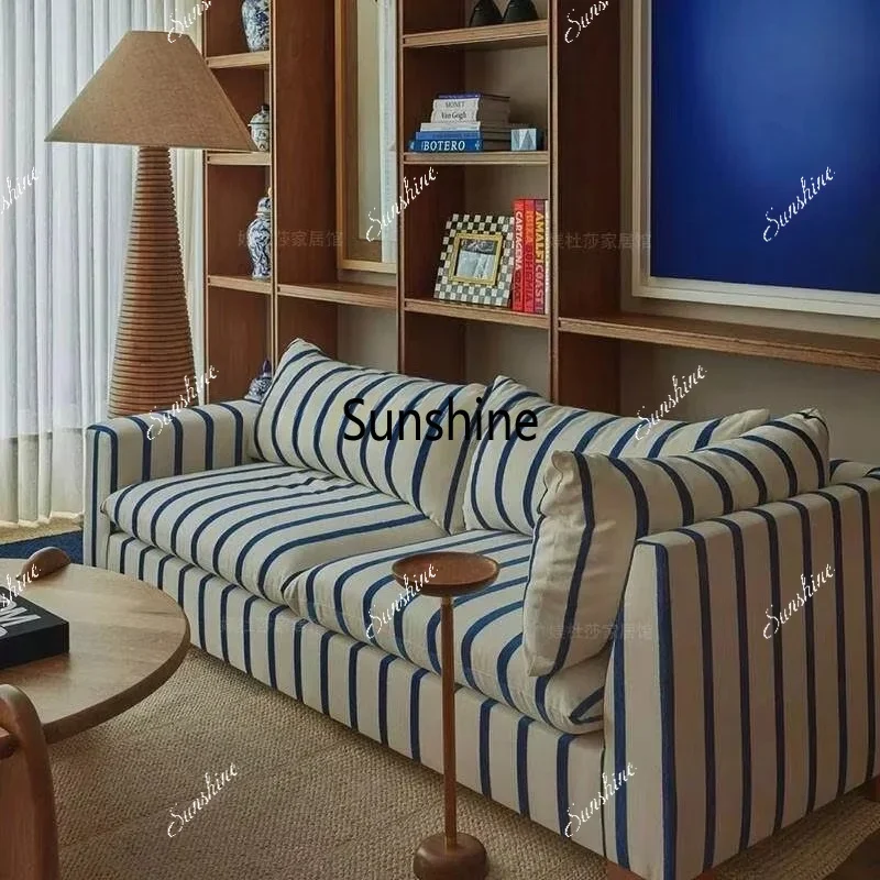Home American retro blue striped fabric sofa French simple living room small apartment modern three-person straight sofaT*