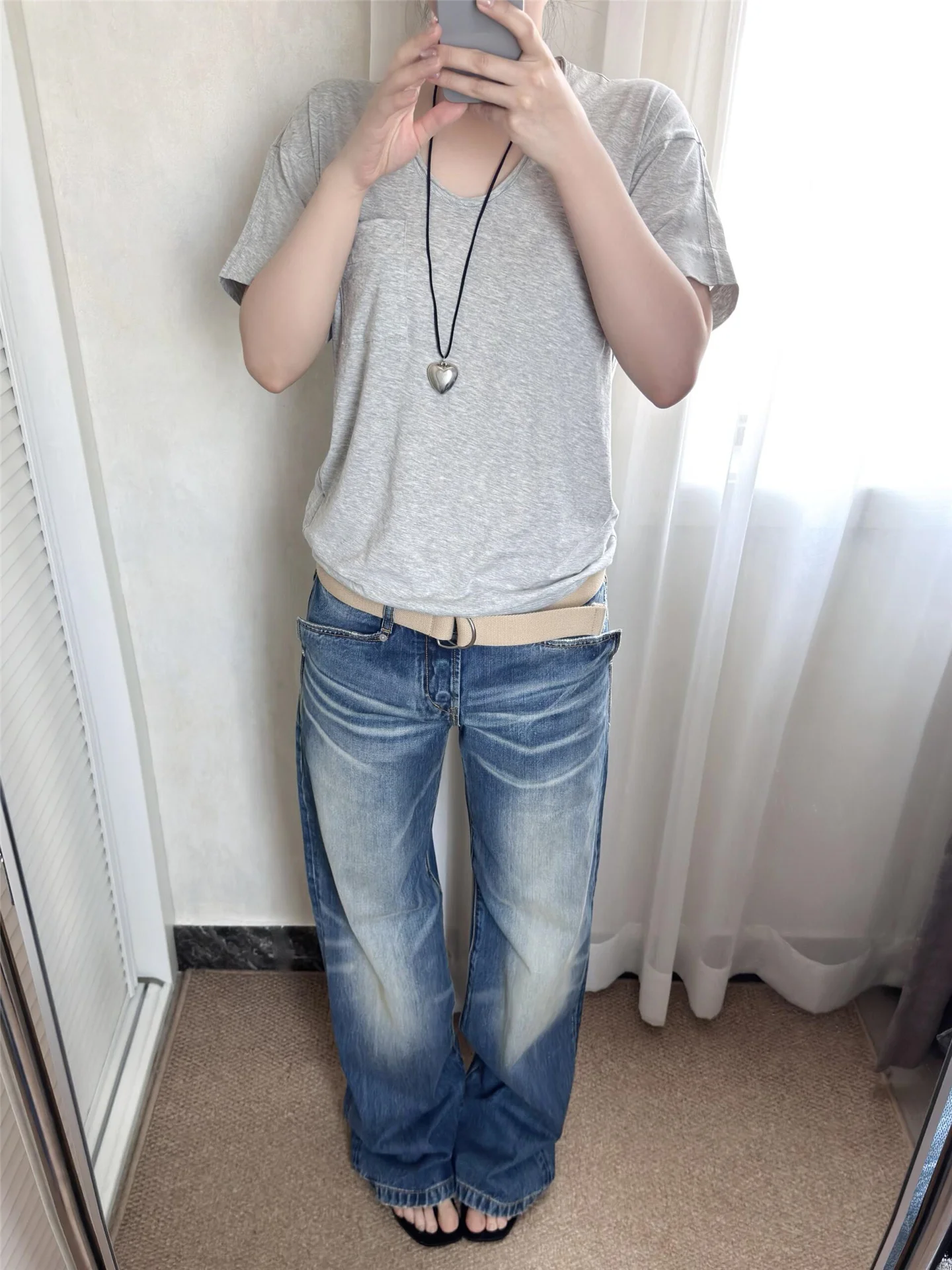 

American Style Low Waist Straight Leg Jeans Women's Spring Summer Loose Slimming Tall Extended Washed out Wide Leg Pants