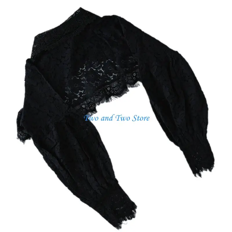 HX6F Women Puff Long Sleeve Lapel Half Top Blouse Hollow Out Eyelash Floral Lace Detachable False Fake Collar