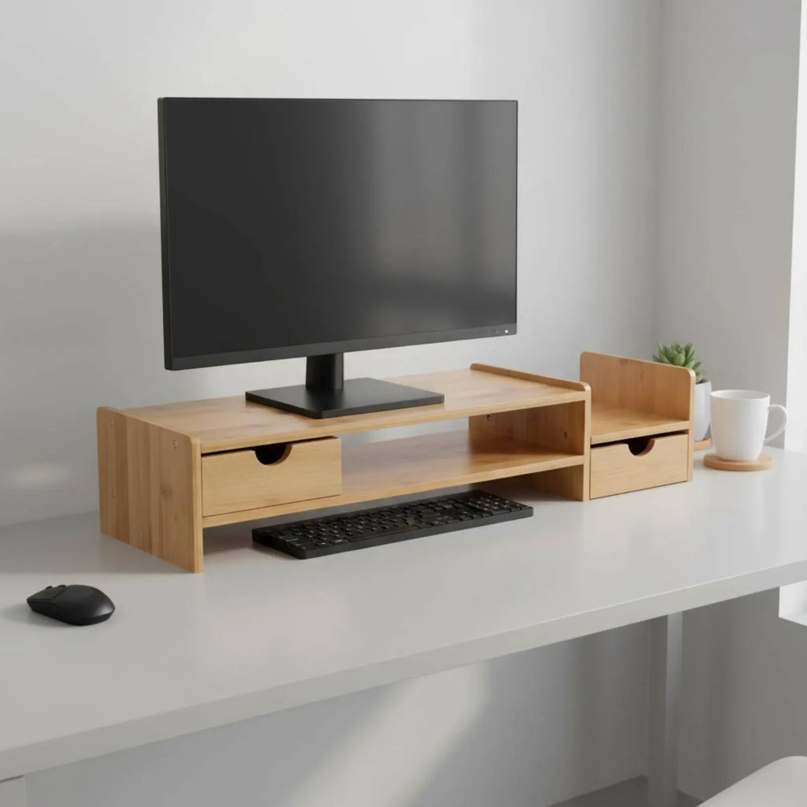 

Подставка для монитора из бамбука с ящиками, экономящая место, эргономичная настольная полка для компьютера, прочная конструкция