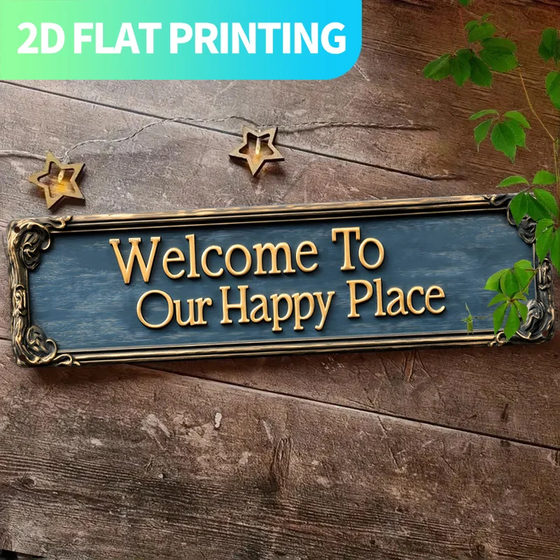 Rustikales Aluminiumschild „Welcome To Our Happy Place“ – Wandkunst im Landhausstil
