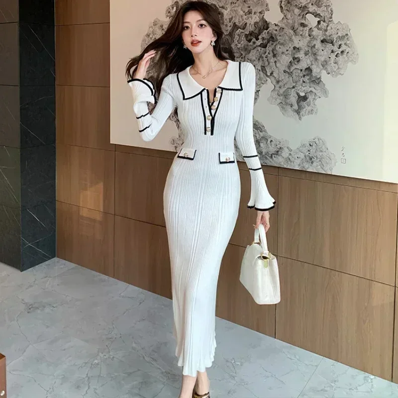 Office Ladies French Retro Fragrance Light Luxury Autumn Winter Women Contrasting Colors Lapel Ruffle Edge Waist Knitted Dress