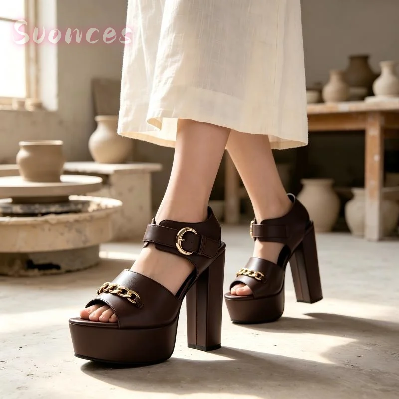 Chunky Block Heel Open Toe Platform Sandals Gold Chain Embellishment Adjustable Ankle Buckle Straps Evening Event Stylish Shoes